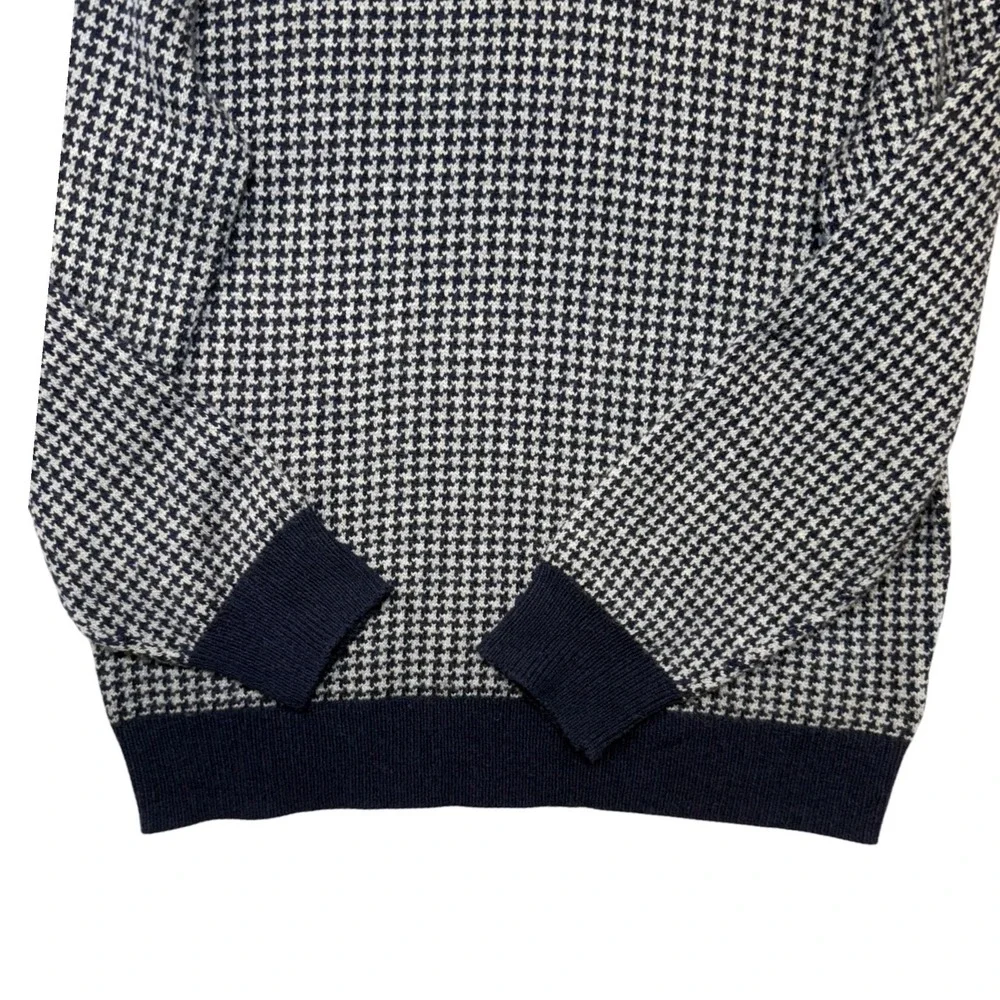 J.Crew Mens Houndstooth Crewneck Sweater Navy Blue Gray Lambswool Blend Size M